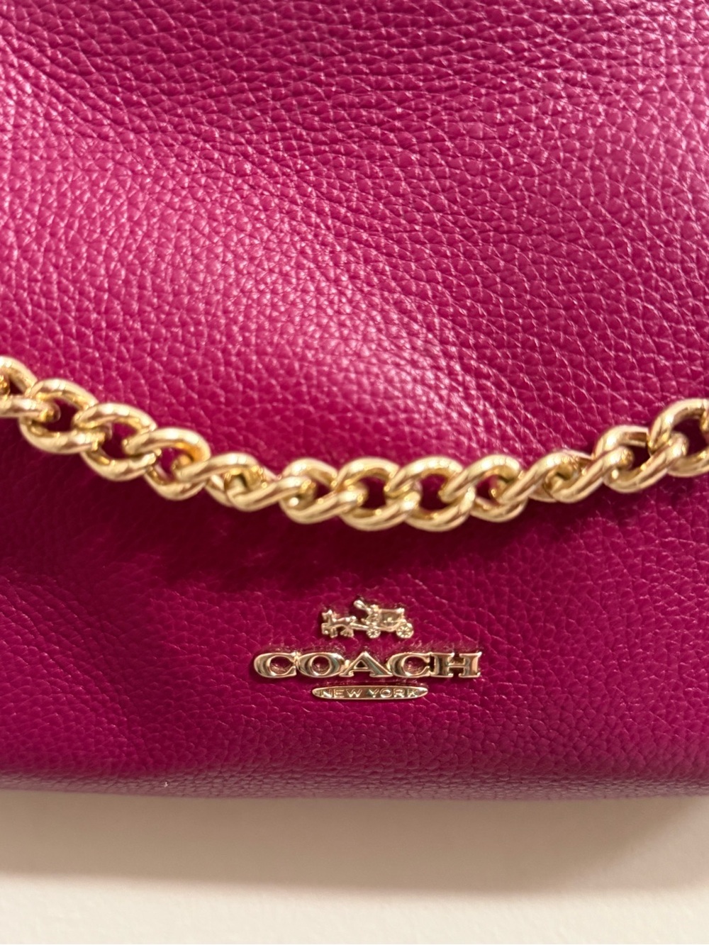 Coach Pebbled Leather Crossbody Bag in Fuchsia with Gold Chain